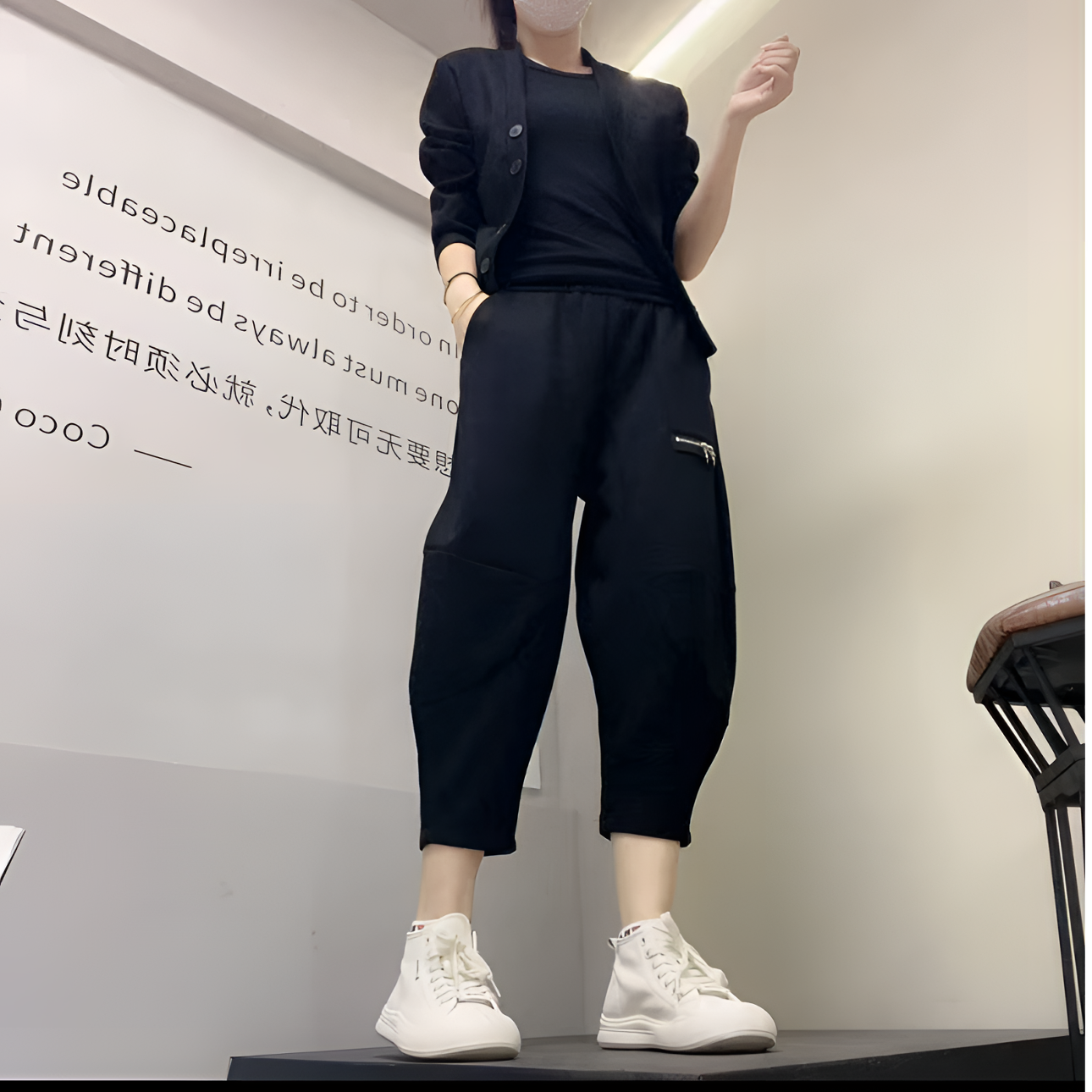 拉链哈伦裤高腰高弹力透气休闲裤＋外套俩件套运动百搭早秋新款