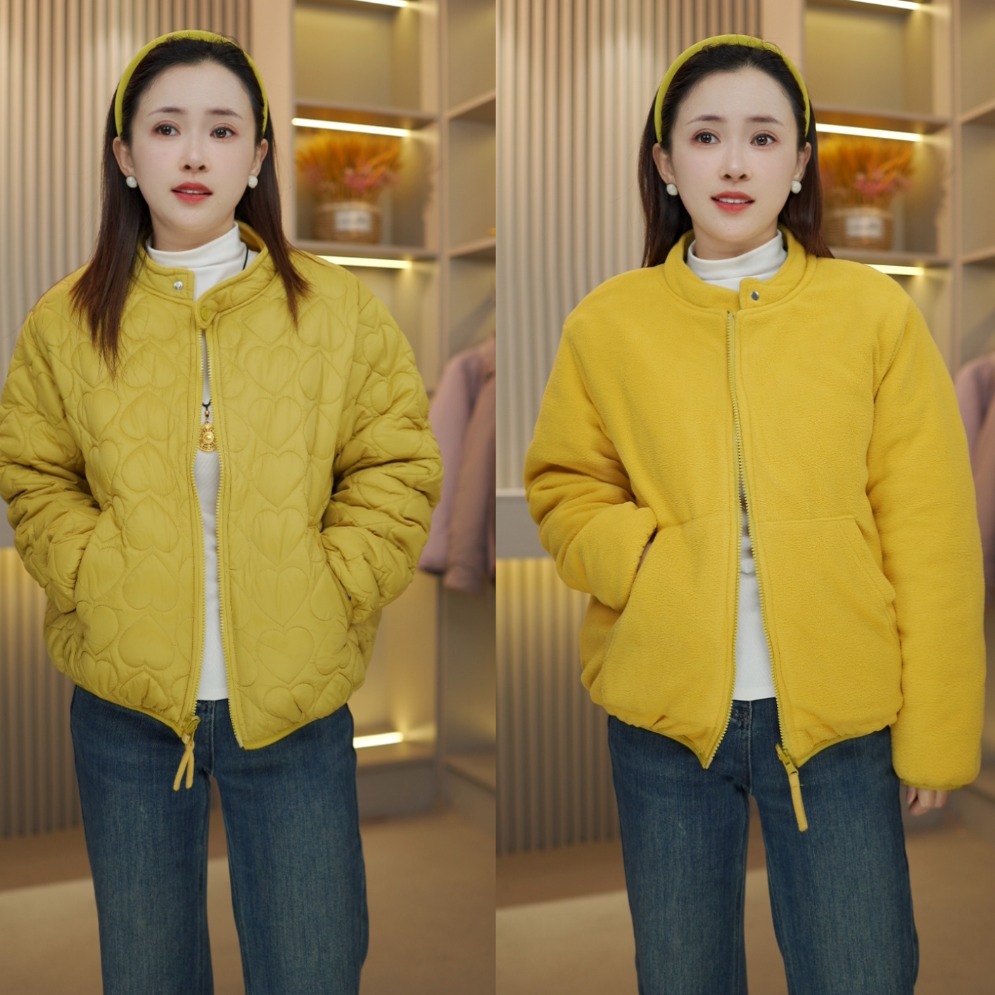 2025新款时尚双面穿立领桃心棉服短款加绒加棉女拉链外套