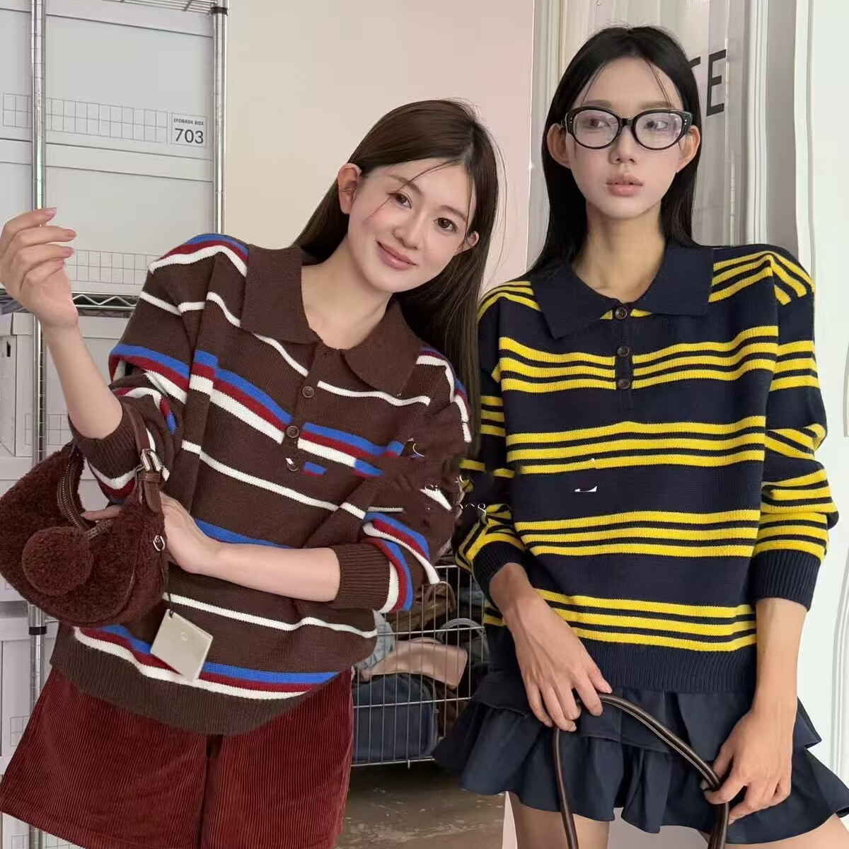 【宝儿姐优选】韩系复古条纹宽松显瘦Polo领长袖针织衫