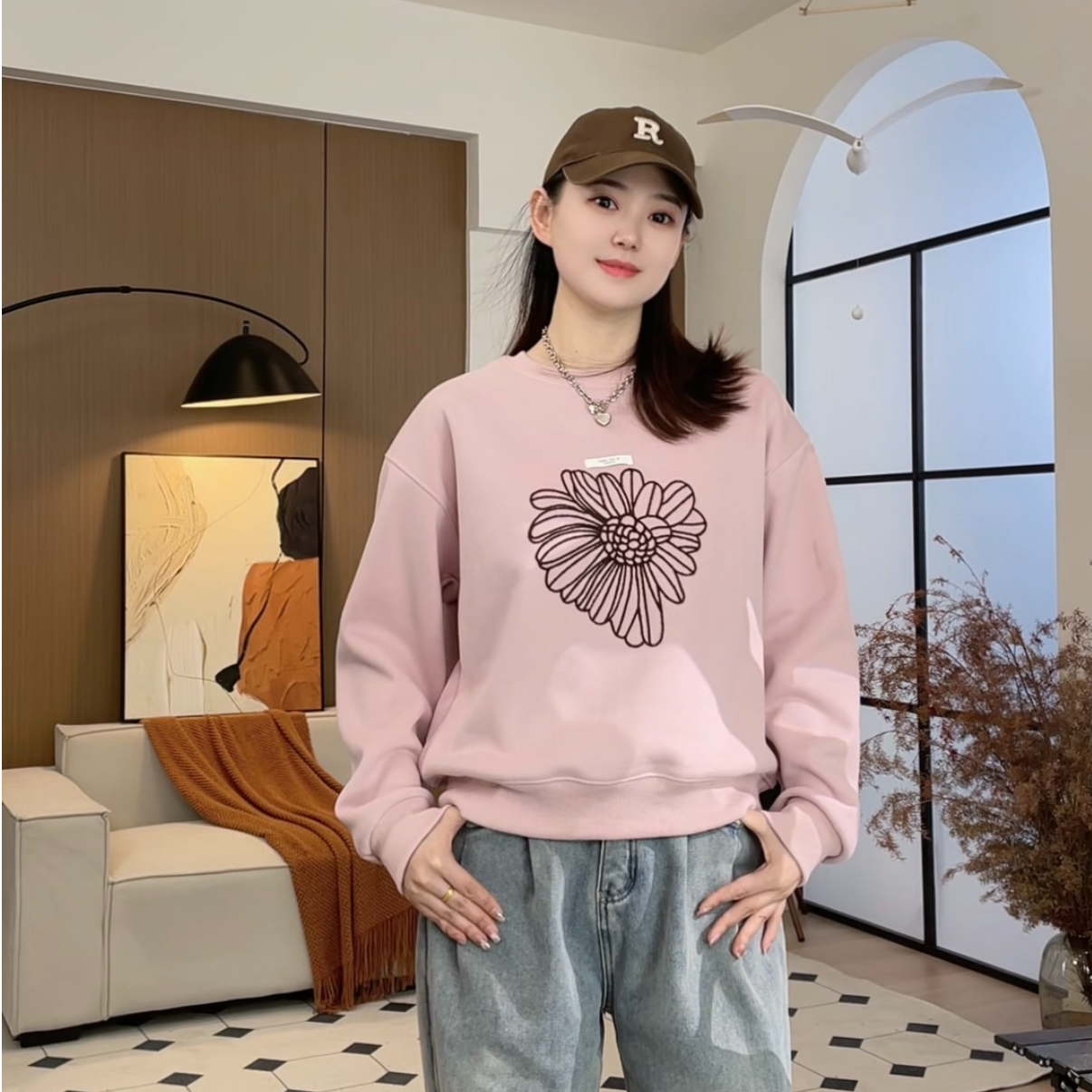 【心花怒放】毛巾刺绣加绒潮流百搭休闲时尚圆领套头卫衣237