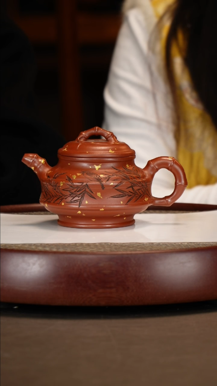 【闪购商品】紫砂茶壶龙山朱砂双线竹鼓380c+歌窑九件套