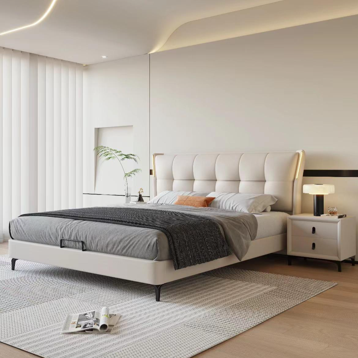 主卧大床头层牛皮新款床头带灯意式轻奢极简床高端软包双人床婚床