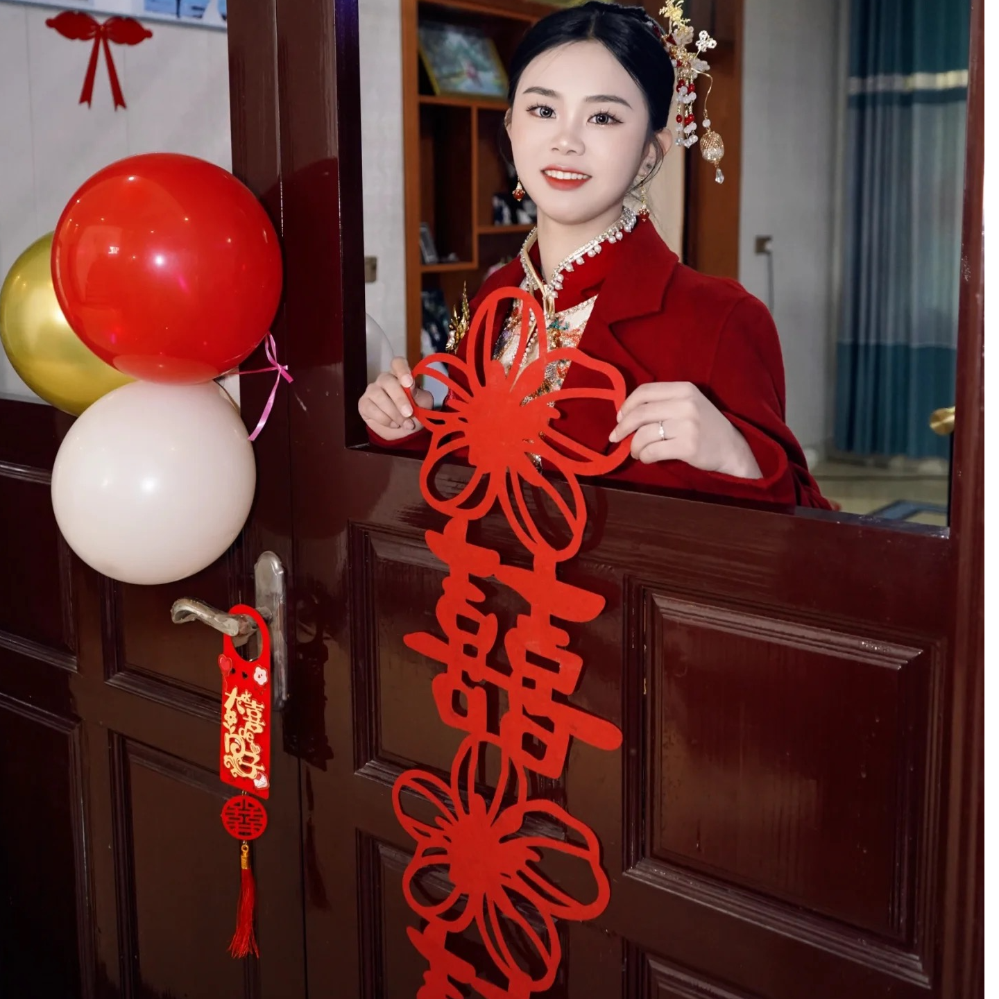 结婚植绒布花朵联喜喜条拉花喜字花朵形喜联婚礼拍照装饰喜