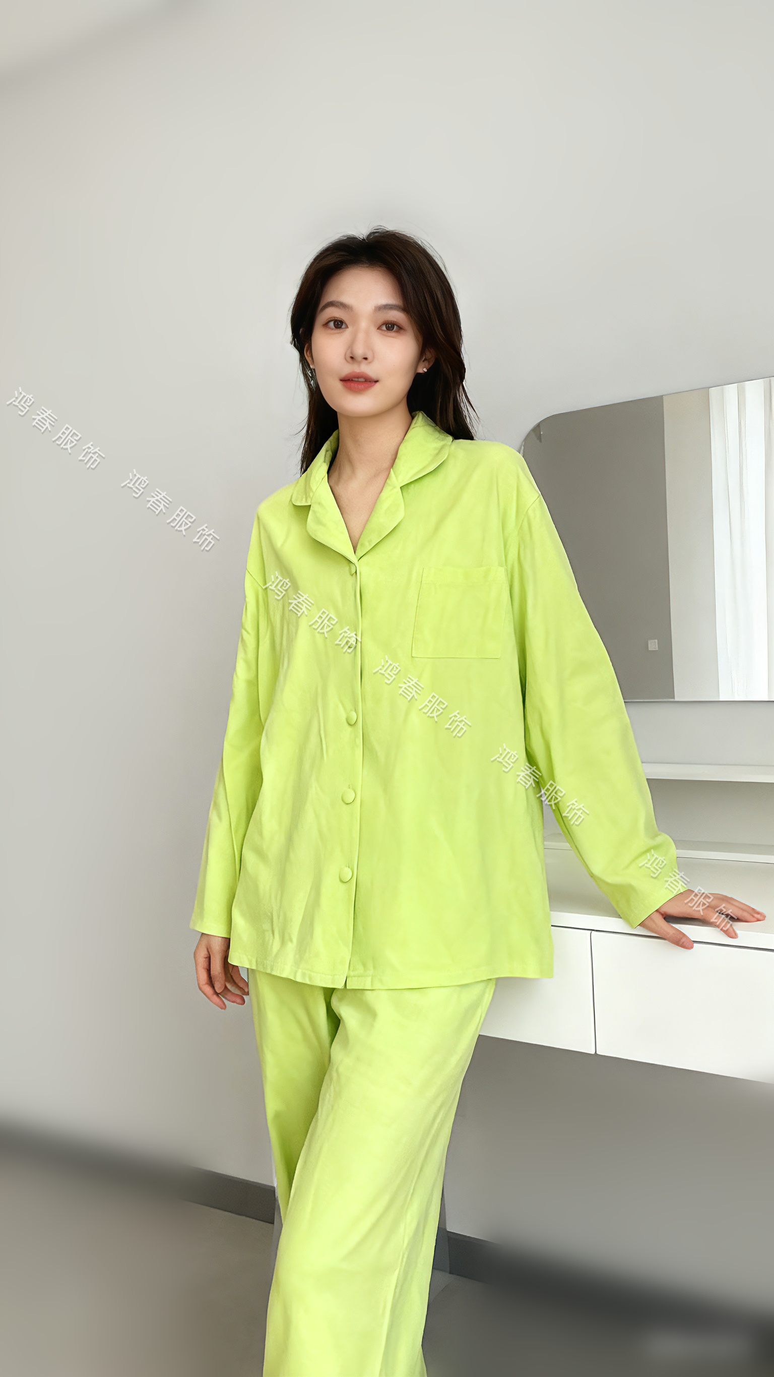 女士翻领长袖长裤平驳领睡衣家居服套装时尚透气绿色宽松