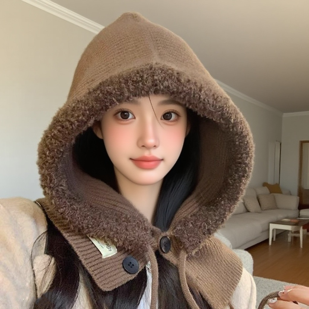 百搭简约防寒冬季针织帽宽檐女帽子加绒毛绒保暖绒帽包头帽学生