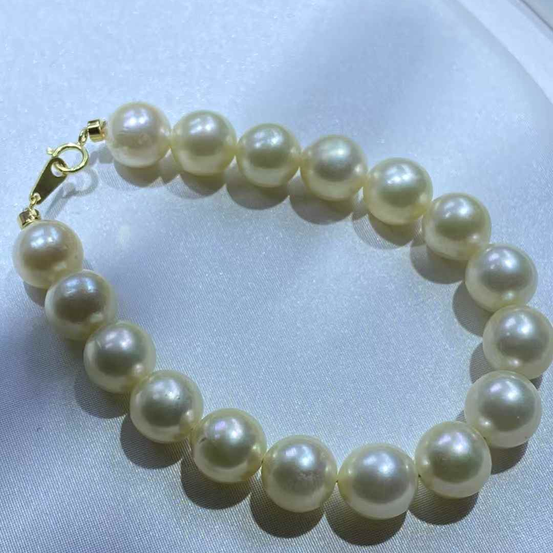 天然海水珍珠akoya羽黄金无调色18K金扣头9-10mm正圆强光微微瑕