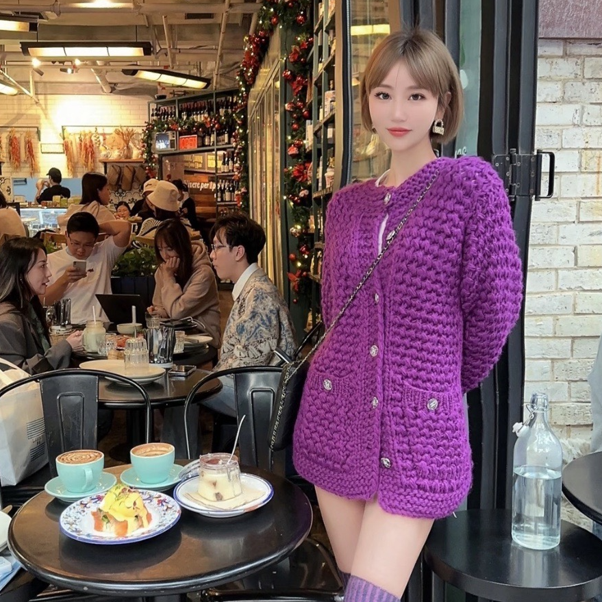 99新 Chanel/香奈儿 22A紫色钻扣棒针开衫外套/f34/编号0606