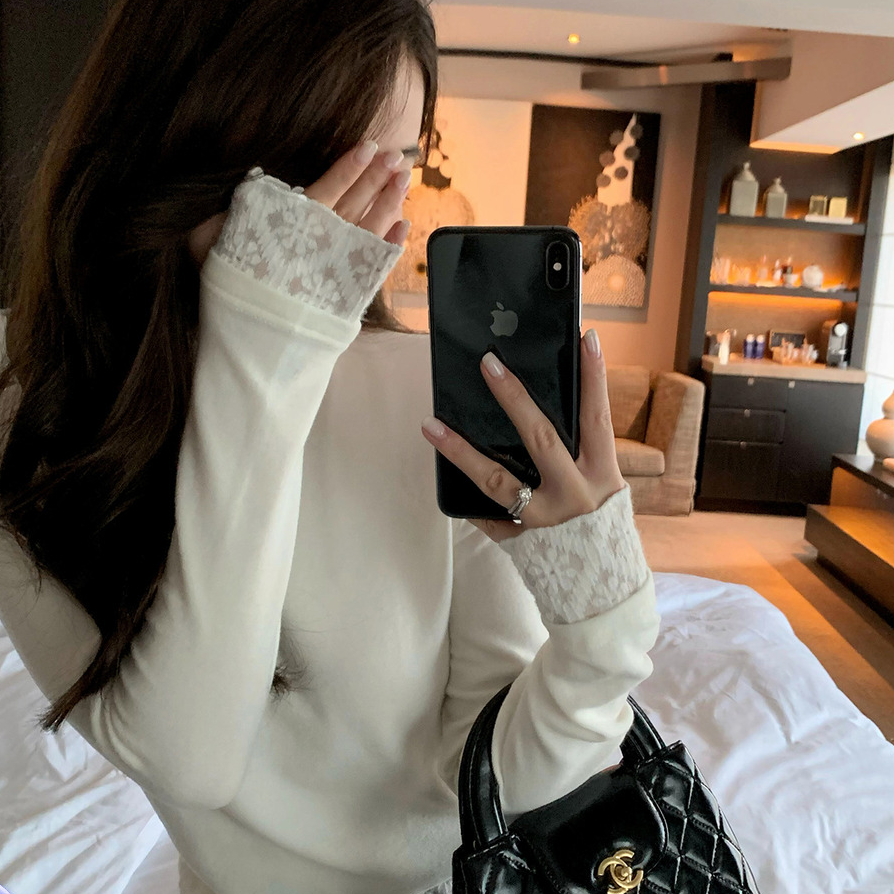 Huangzuozuo佐佐家小个子蕾丝拼接磨毛打底衫冬季女半高领T恤上衣