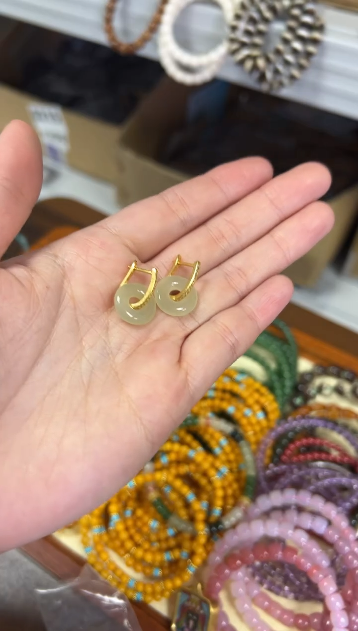 【闪购商品】和田玉银S925镶嵌耳饰和田玉甜甜圈银耳扣[1117]