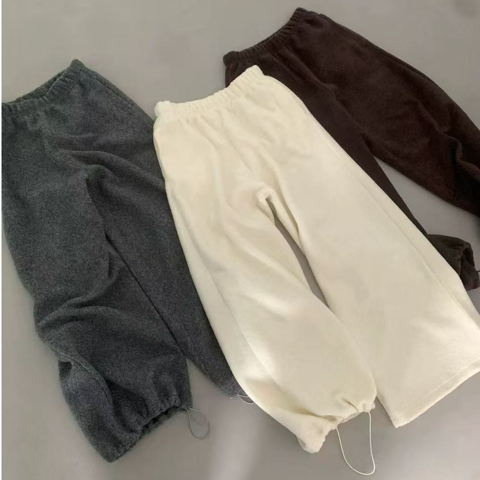 韩系新款毛绒感百搭松紧腰软糯保暖阔腿裤直筒休闲裤女收口