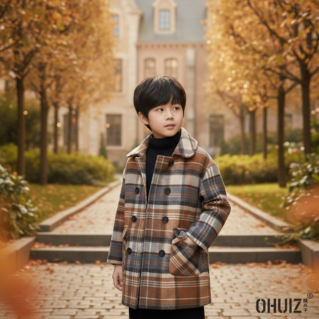 【3801】女童设计师冬款咖色绿色格子大衣男女童羽羽