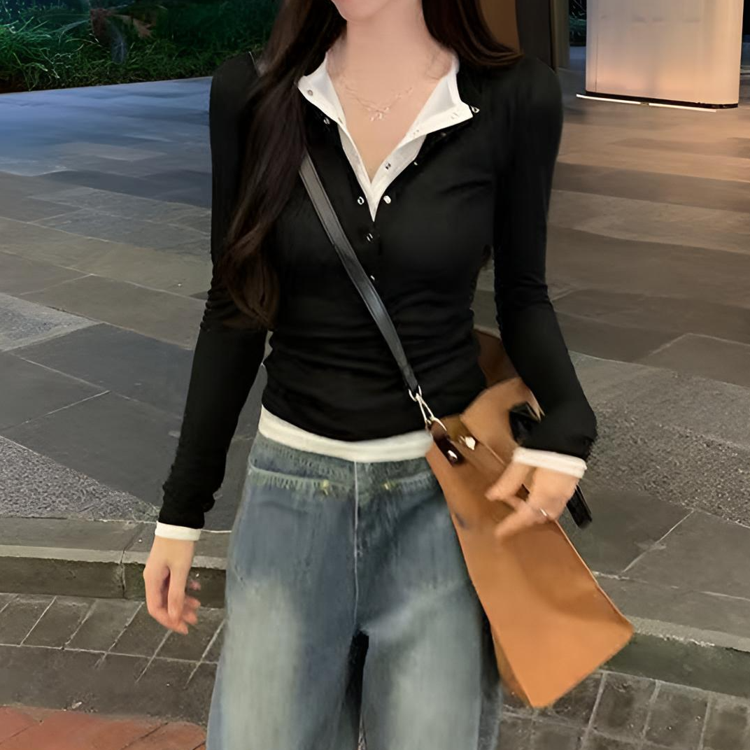 假两件撞色拼接长袖T恤女春秋季新款修身打底衫半开领设计感上衣
