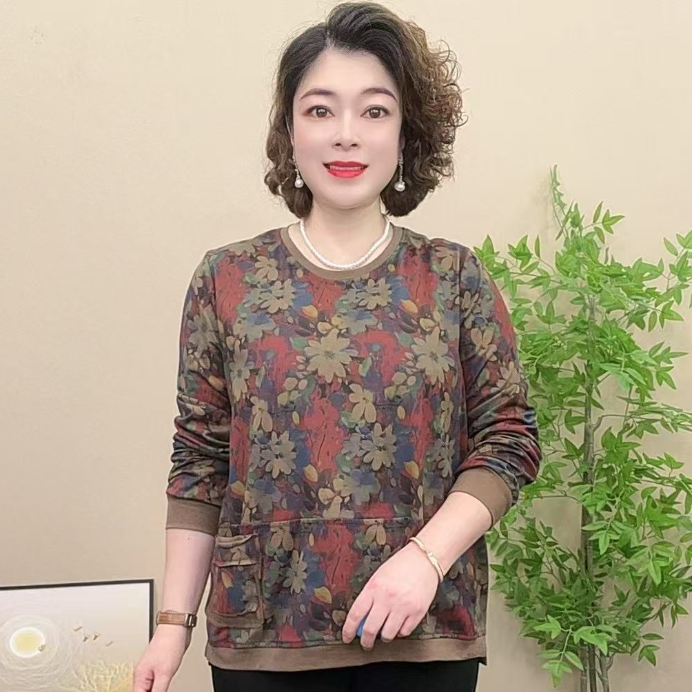 长袖妈妈装圆领时尚印花薄款中老年女装气质潮牌洋气百搭宽松上衣