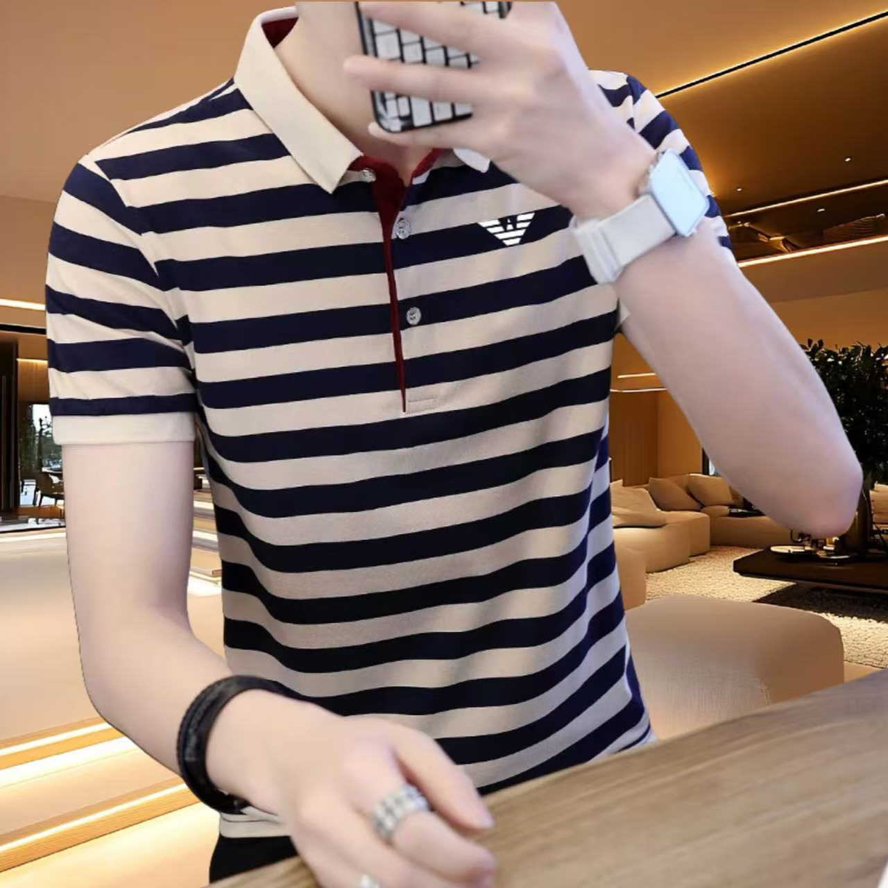 2025夏季新品男士短袖POLO衫95纯棉条纹休闲半袖商务上衣时尚T恤