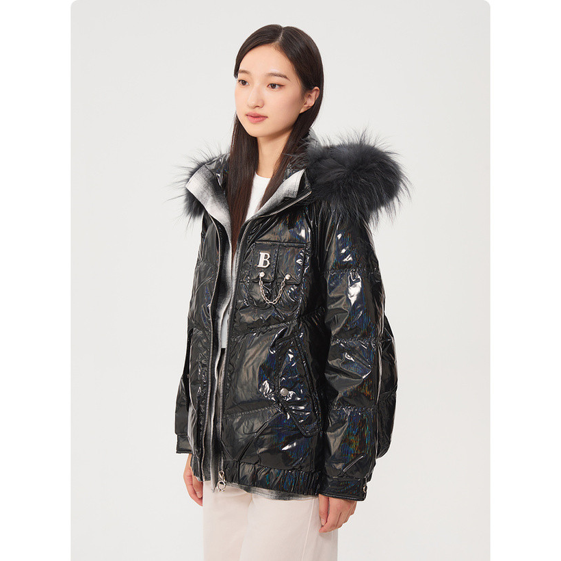 女款时尚运动薄棉毛领短款羽绒服J00142272D