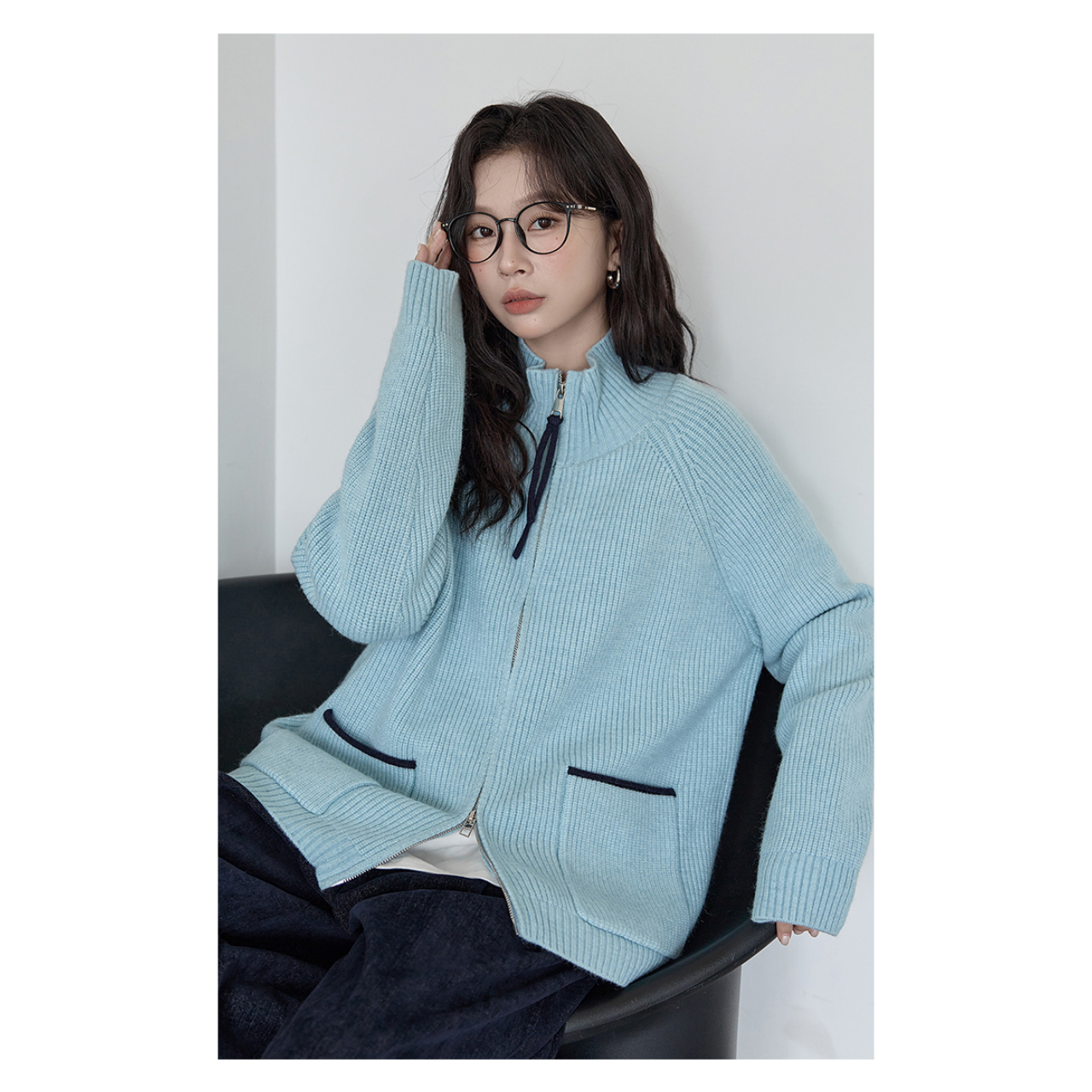 HUIXI绘系蓝色双拉链针织开衫女2025秋新款小众设计感上衣SS28625