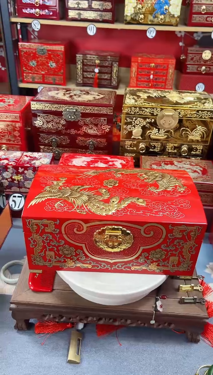 【闪购商品】32厘米双层大空间传统彩绘贴金堆鼓金龙凤