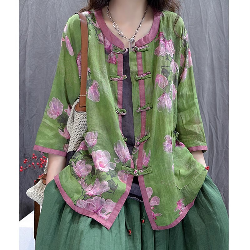 2025春夏新款复古苎麻印花盘扣开衫女文艺休闲宽松大码九分袖上衣