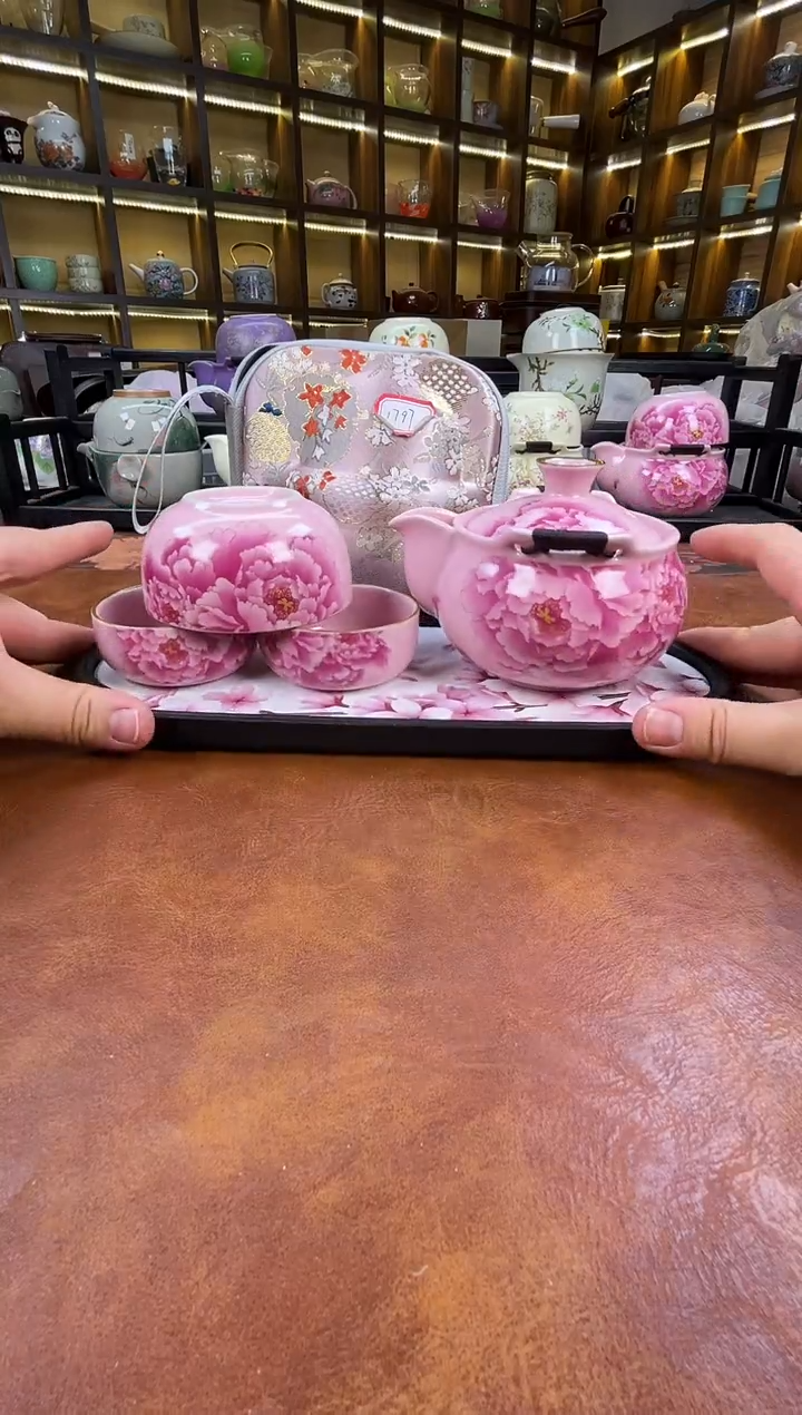 瓷片新款粉色牡丹宝瓶+长方粉色花朵盘