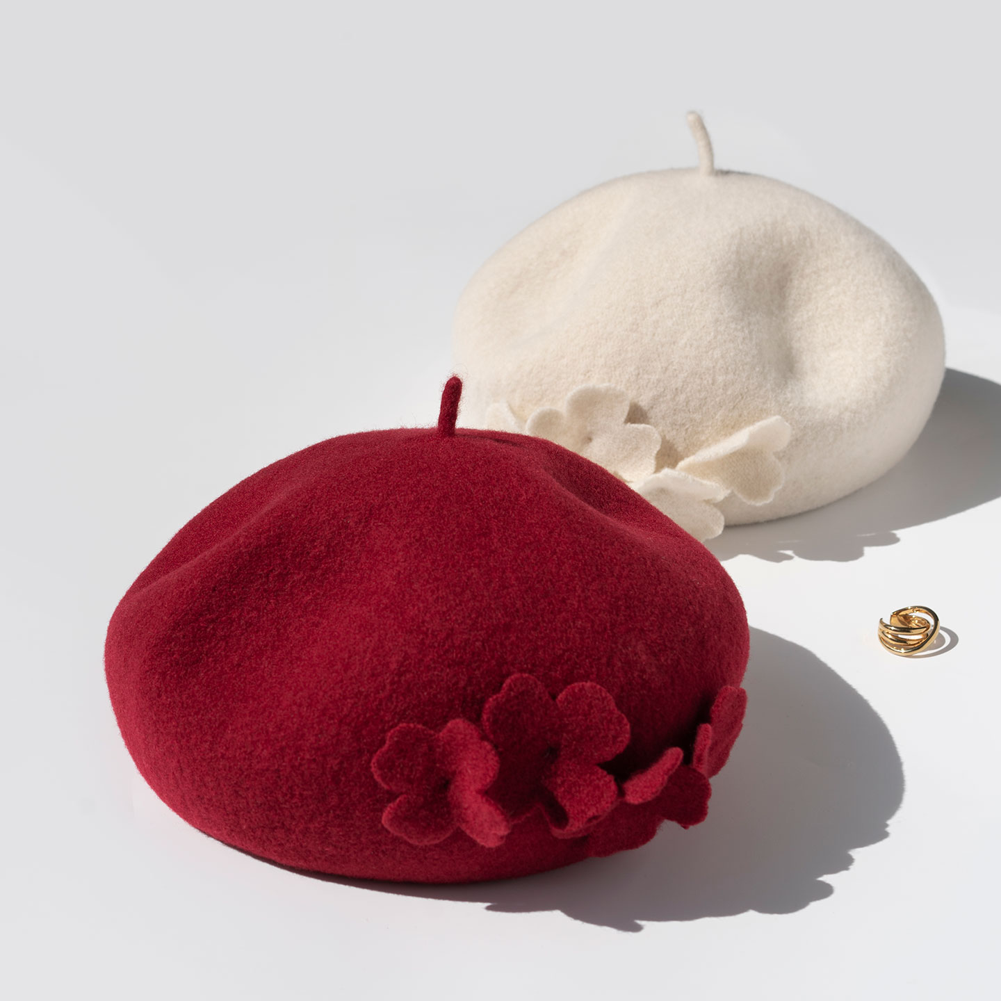 疯帽子 纯羊毛贝雷帽子手缝花朵蓓蕾保暖甜美画家帽女 25年冬季新