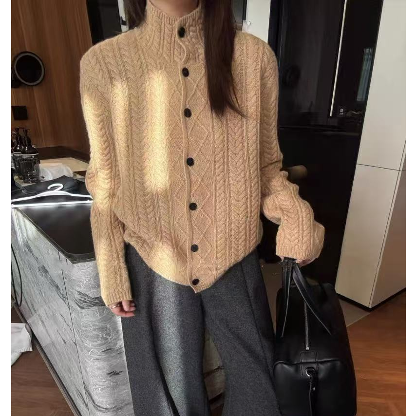 【夏威夷海滩】复古老钱风 麻花立领针织开衫女慵懒风毛衣外套2622