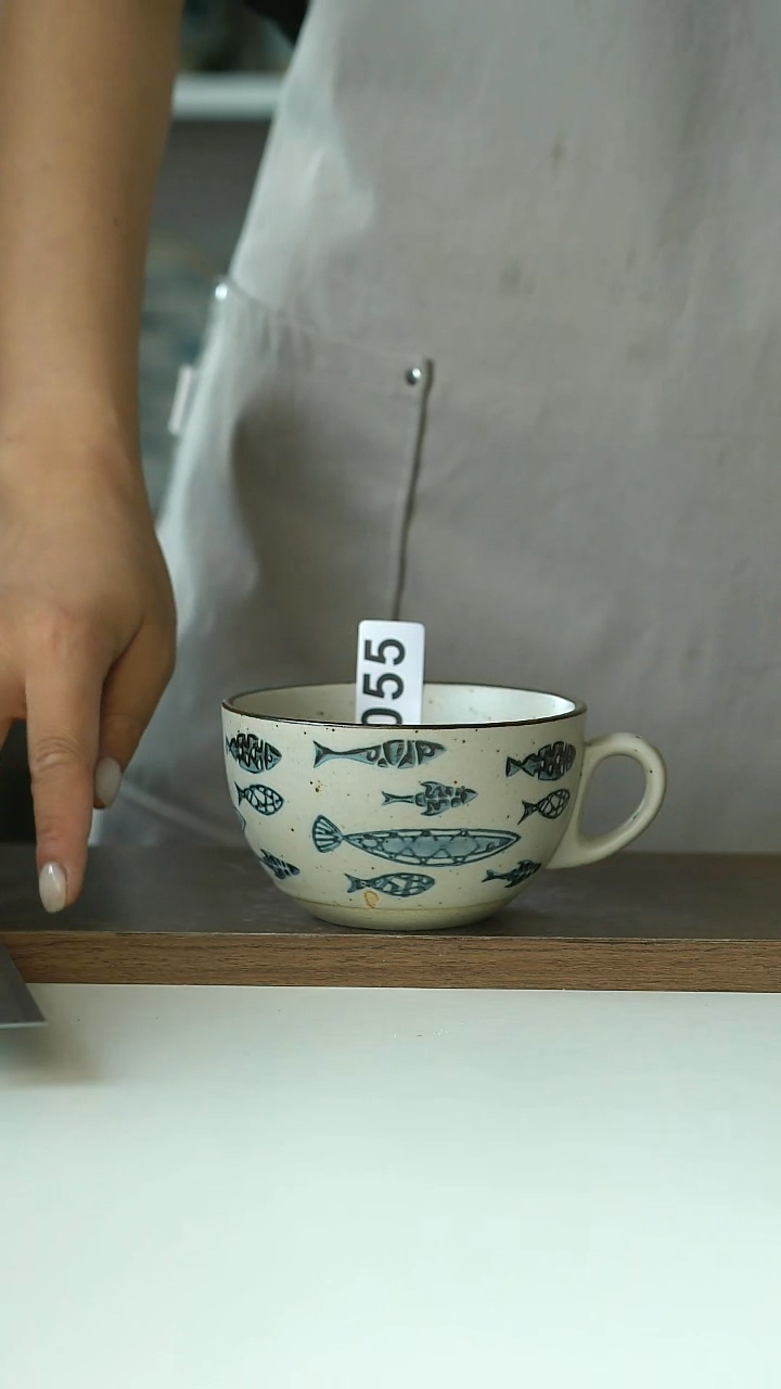 055微瑕粗陶手作好多鱼300ml咖啡杯@4-2@