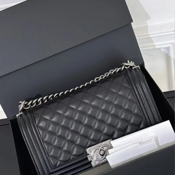 99新 Chanel/香奈儿 小花6珊 LEBOY 菱格纹 中号 黑银27开包