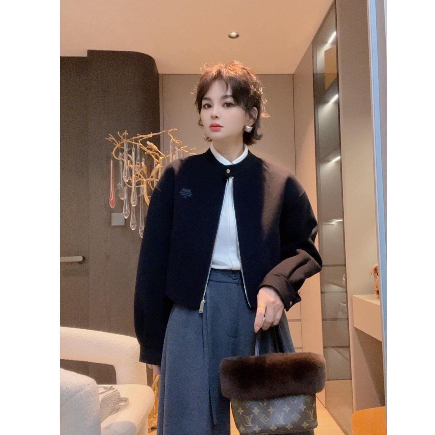 ZM25年新款设计款极简风拉链气质纯色百搭毛呢外套2501