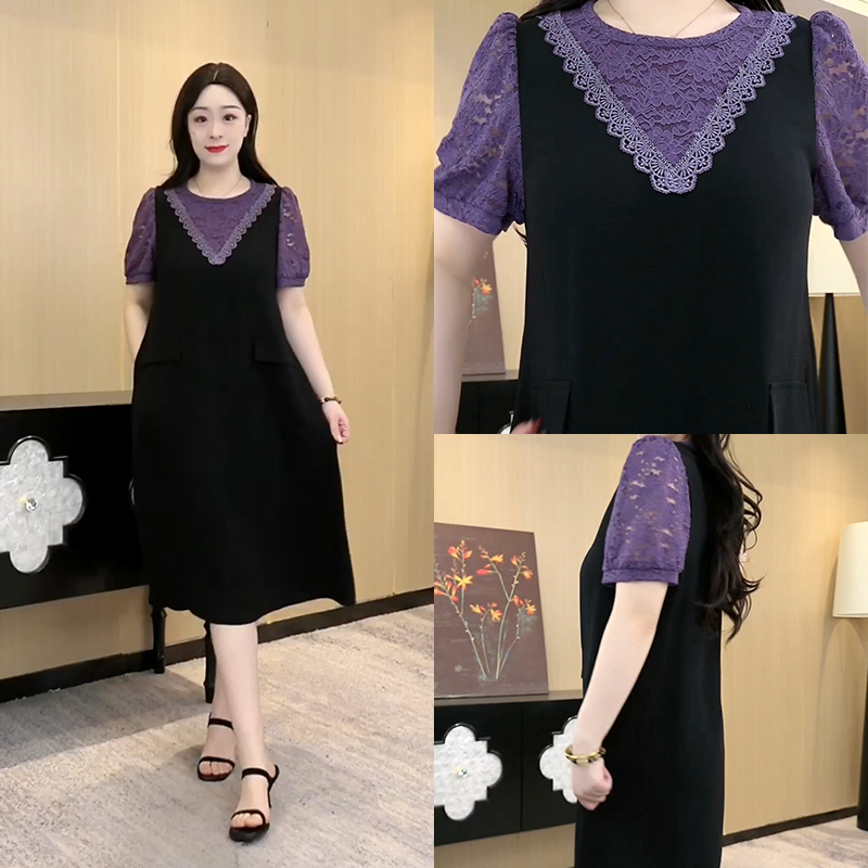 胖依依大码女装紫色蕾丝拼接连衣裙夏季新款气质显瘦裙子ZB6834