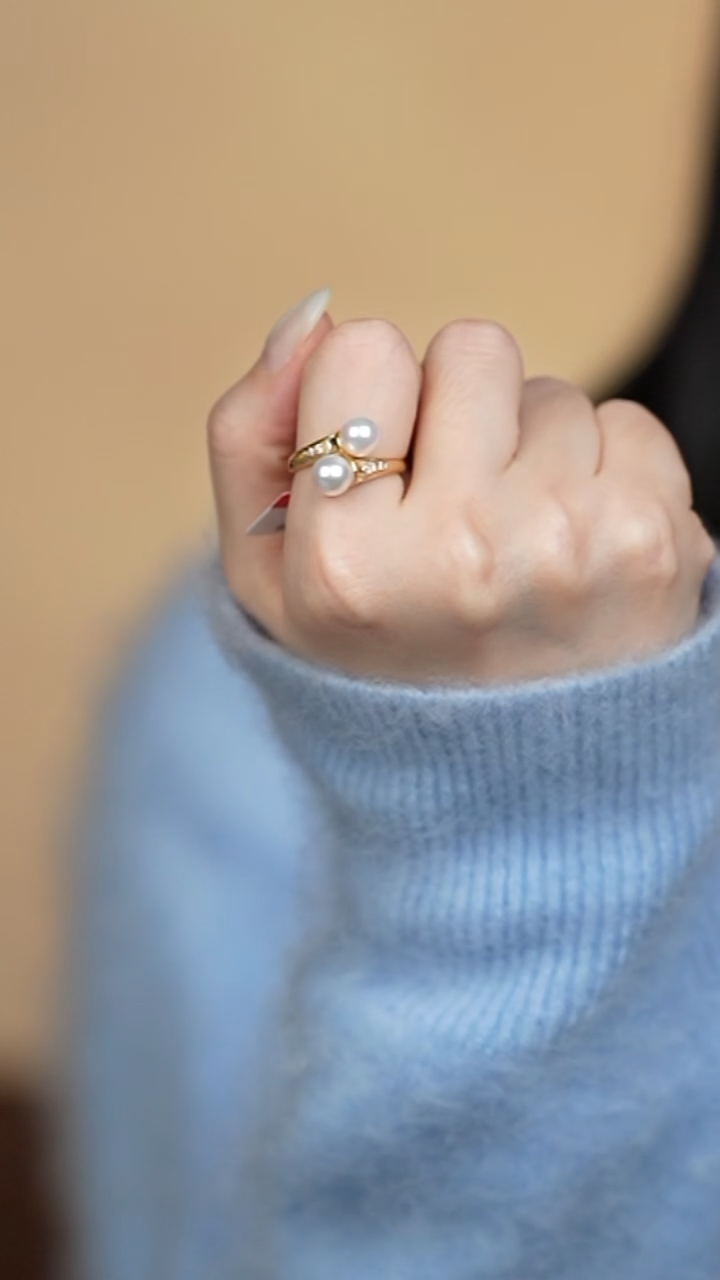银S925镶嵌戒指海水珍珠6-7akoya双珠戒指