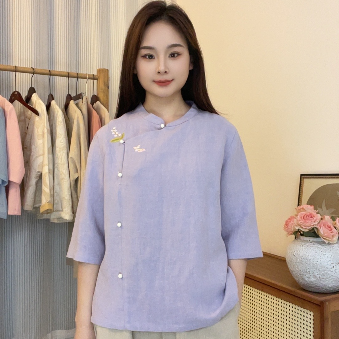 中国风高端亚麻上衣立领夏季休闲复古衬衫斜襟禅意七分袖茶服