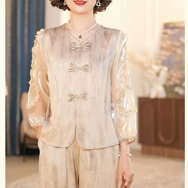 中年妈妈装春季新中式套装2025新款洋气中老年女装长袖小衫两件套