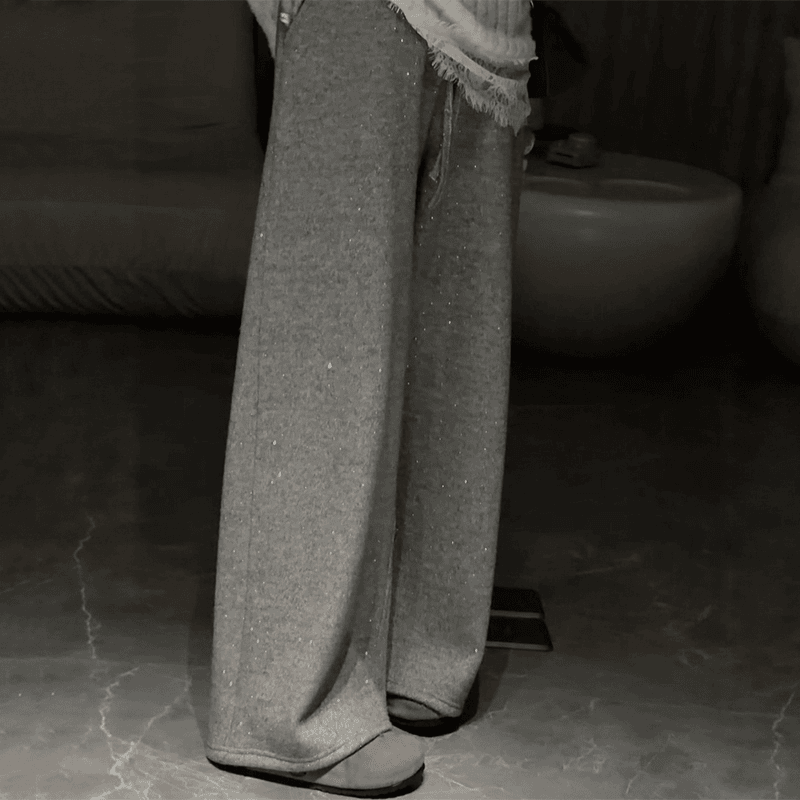 2025冬季加绒灰色闪钻毛呢阔腿裤子女独特设计感超好看直筒休闲裤