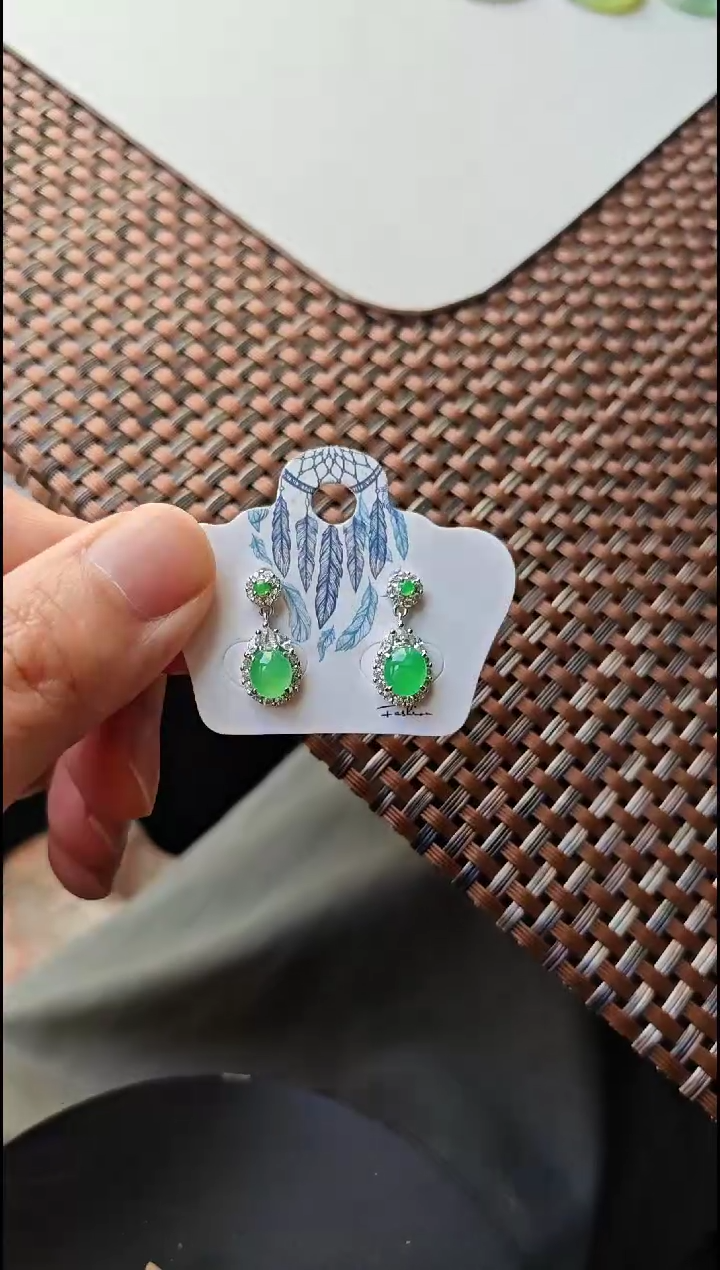 【闪购商品】翡翠耳饰银S925镶嵌翡翠耳饰S925银镶嵌