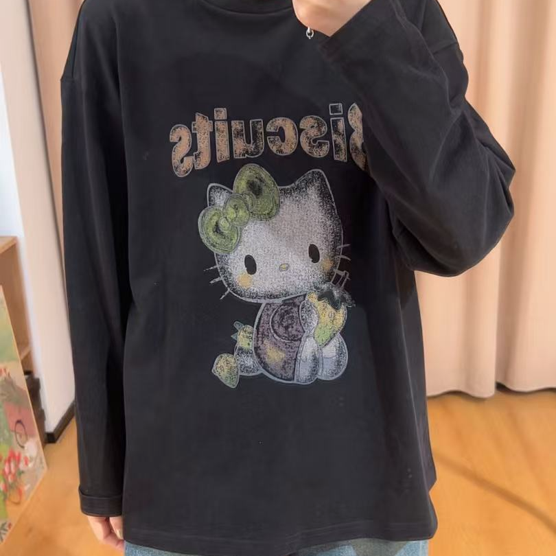 13602余小鱼 【草莓KT】黑色卡通印花圆领套头夏季长袖T恤女装休闲