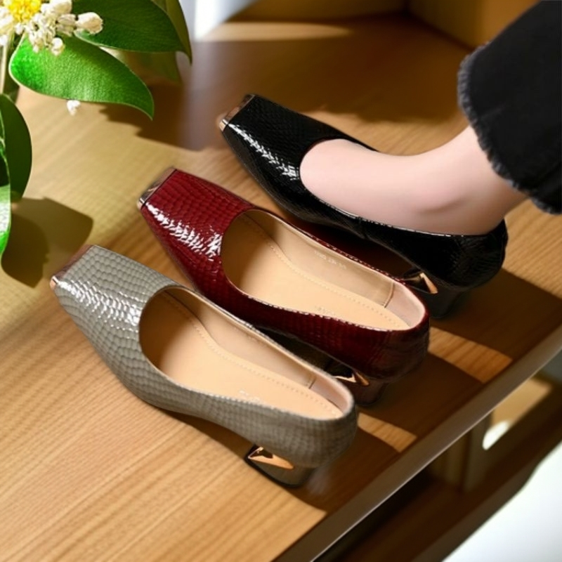 气质金属铁头浅口单鞋女夏季法式方头粗跟百搭大码中跟低跟小皮鞋