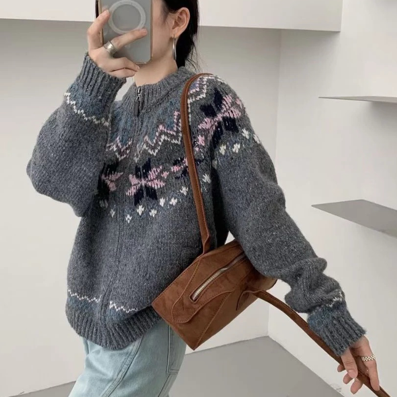 【K050】约#灰色提花时尚毛衣开衫上衣