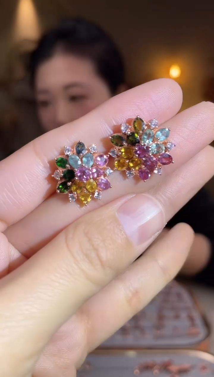 银S925镶嵌耳饰碧玺耳饰