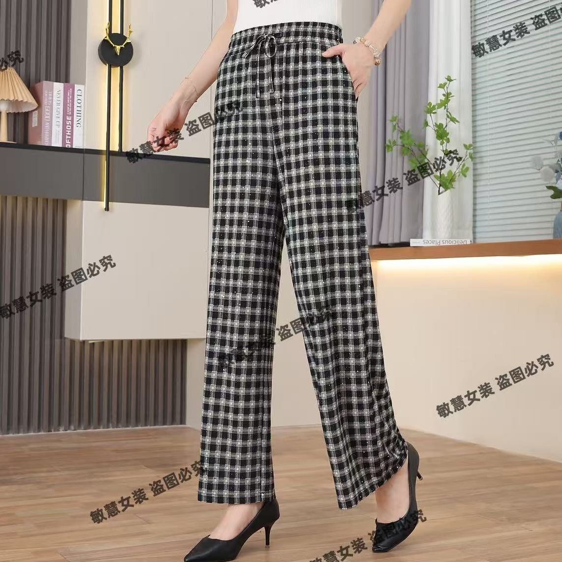 2025夏季新款女装高级设计感休闲流印花透气女士直筒裤休闲裤印花