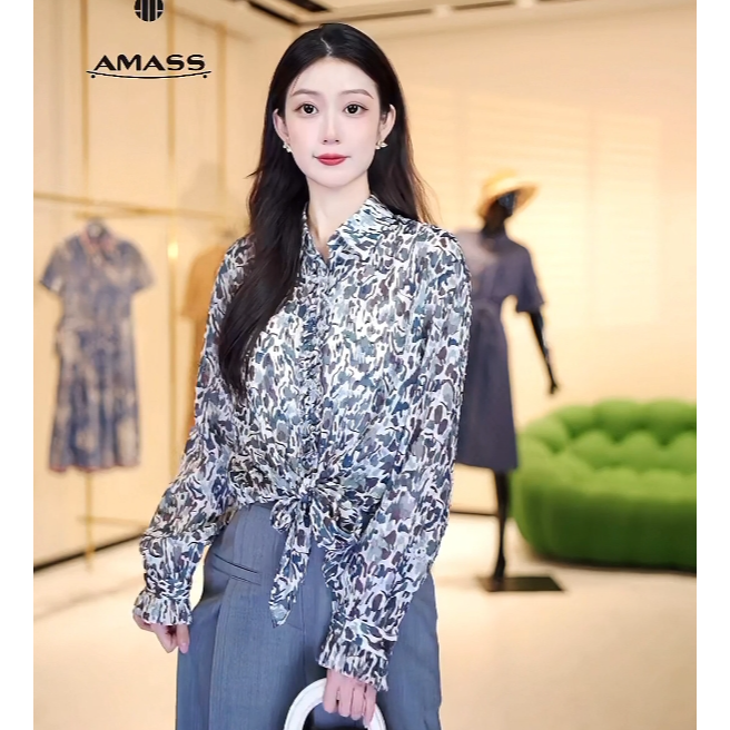 AMASS/阿玛施新款翻领长袖印花轻职风上衣通勤风气质衬衫5300285