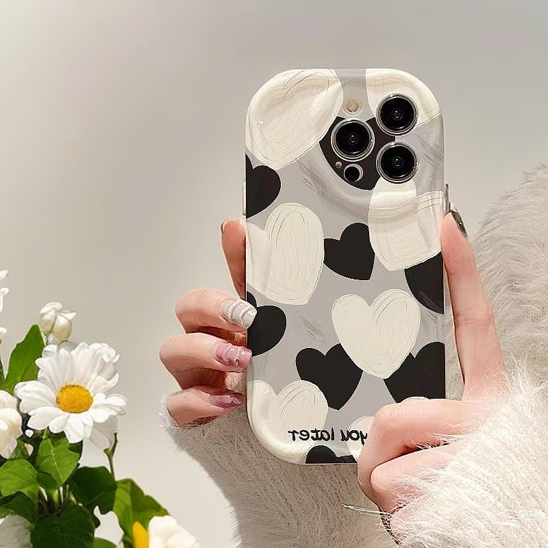 EXMX黑白爱心适用苹果15手机壳iphone14promax/11/12/13奶油纹16x