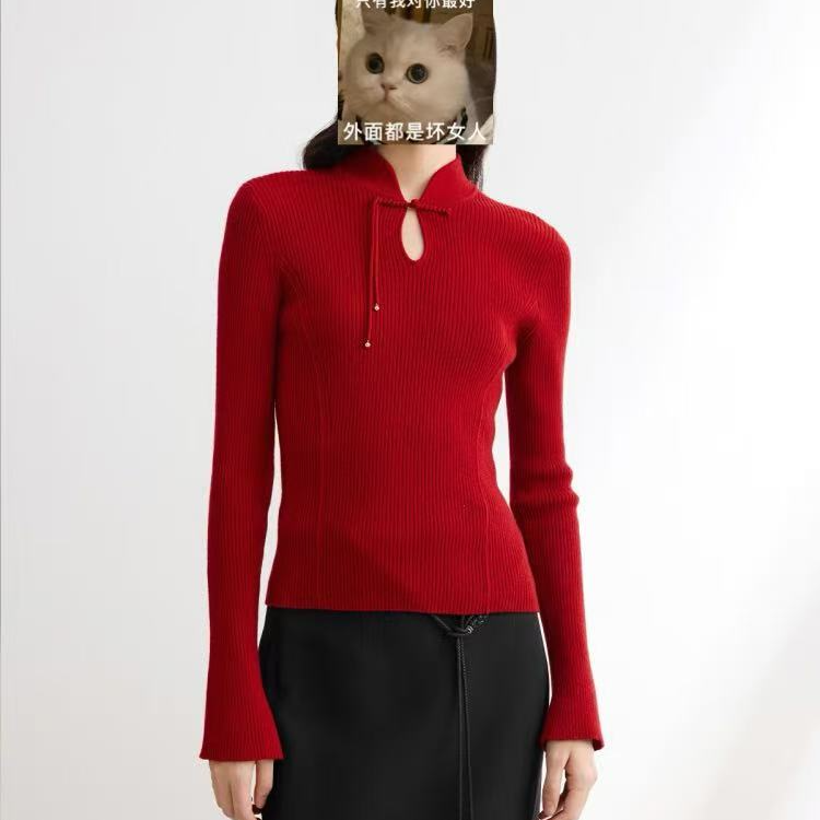 《沐言专属》E+新年限定系列 羊绒衫 红色羊毛混纺盘扣针织衫