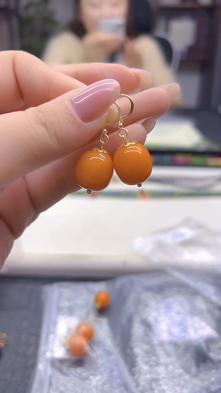 蜜蜡14K金镶嵌耳饰DIY款E72