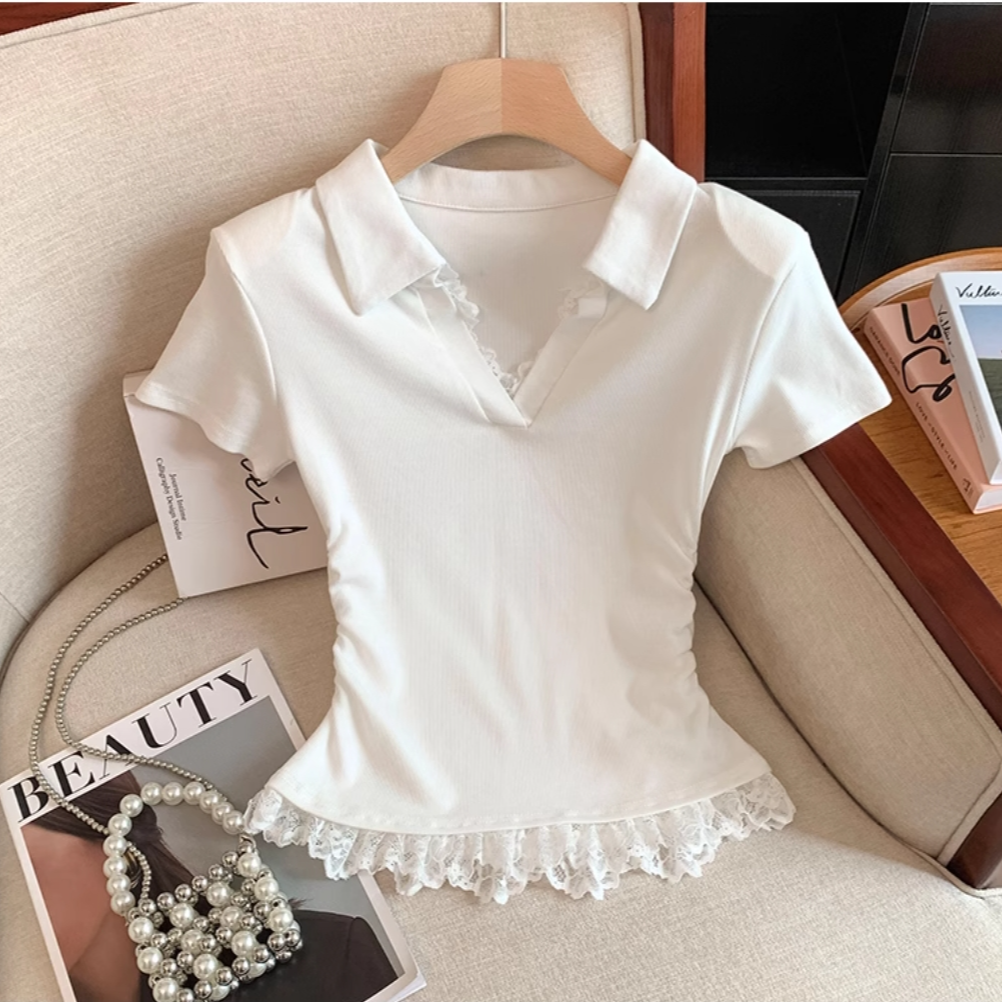 墨叠2025新款法式白色蕾丝拼接短袖t恤女夏季百搭修身上衣8819