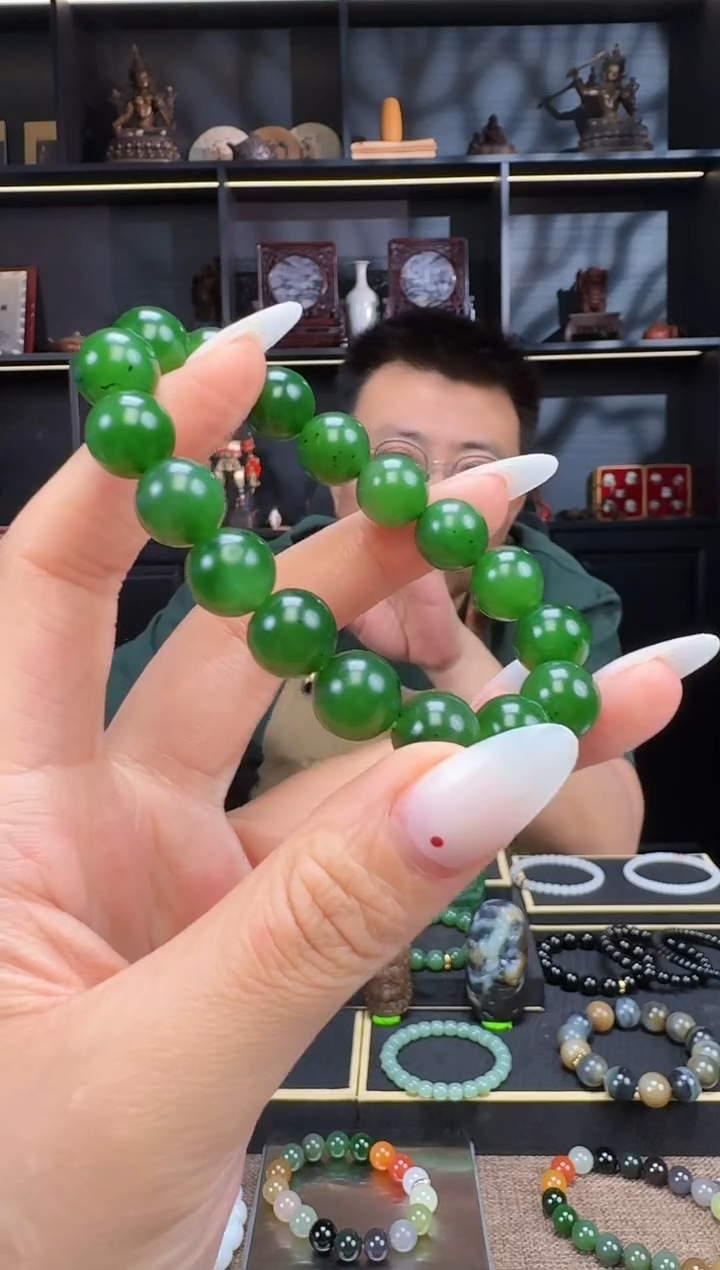 和田玉未镶嵌颈饰12mm碧玉圆珠手串