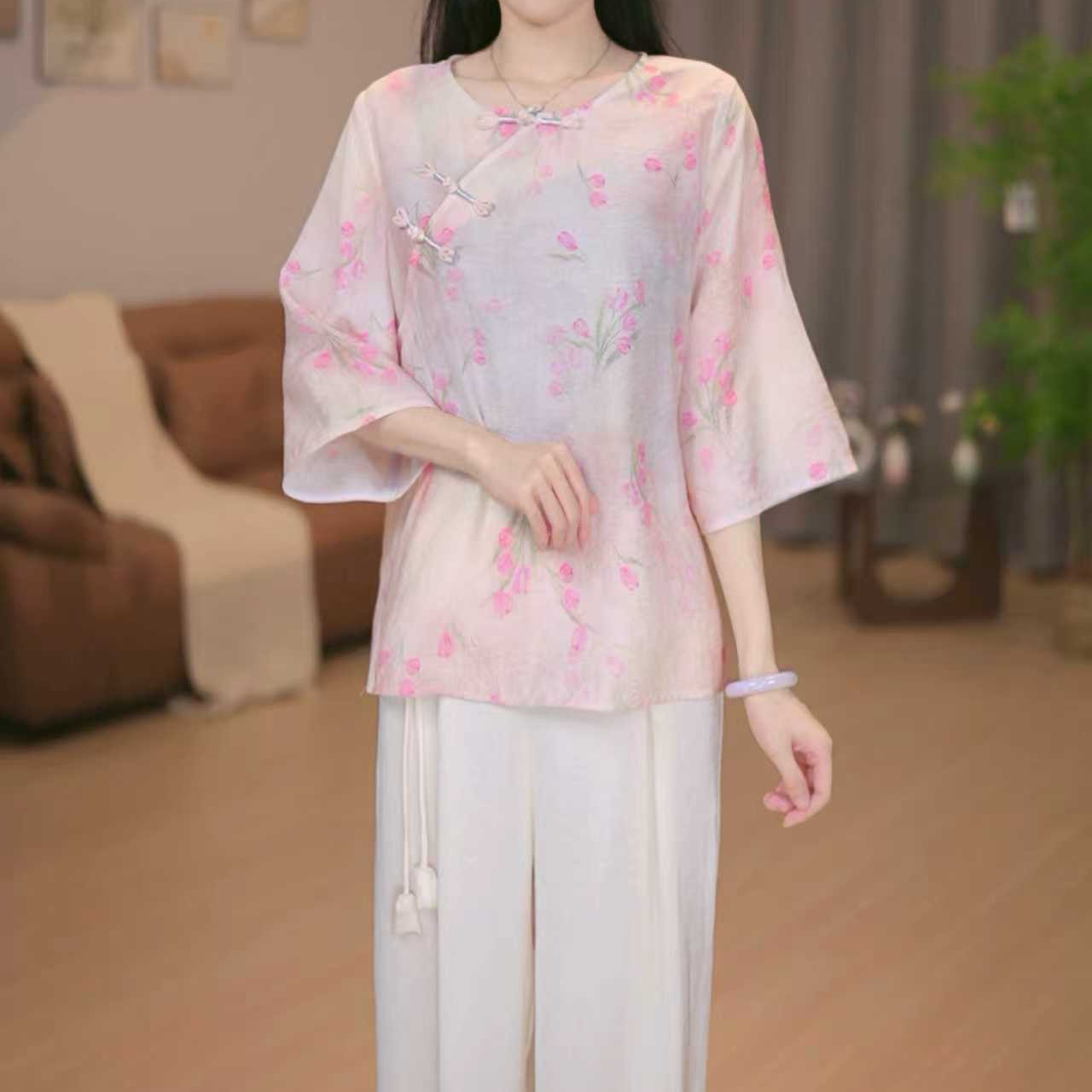 【现货】【2201-郁金香】新中式国风女款宽松小衫七分袖上衣-园园