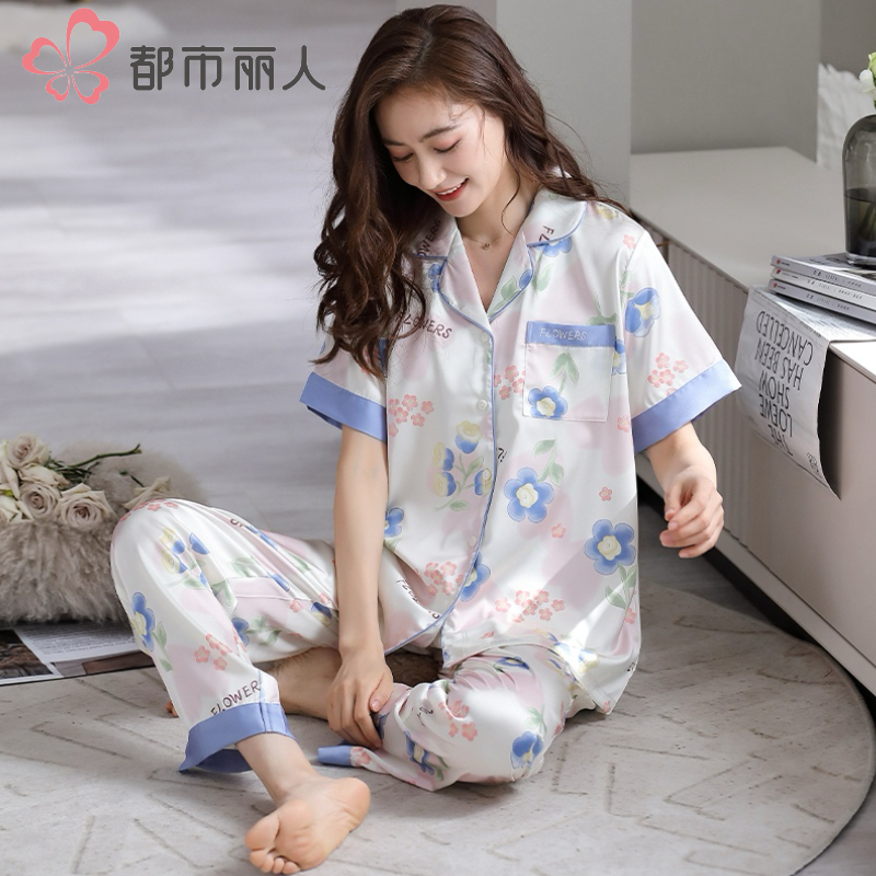 都市丽人新国风冰丝睡衣女士短袖2025年春秋新中式风可外穿家居服