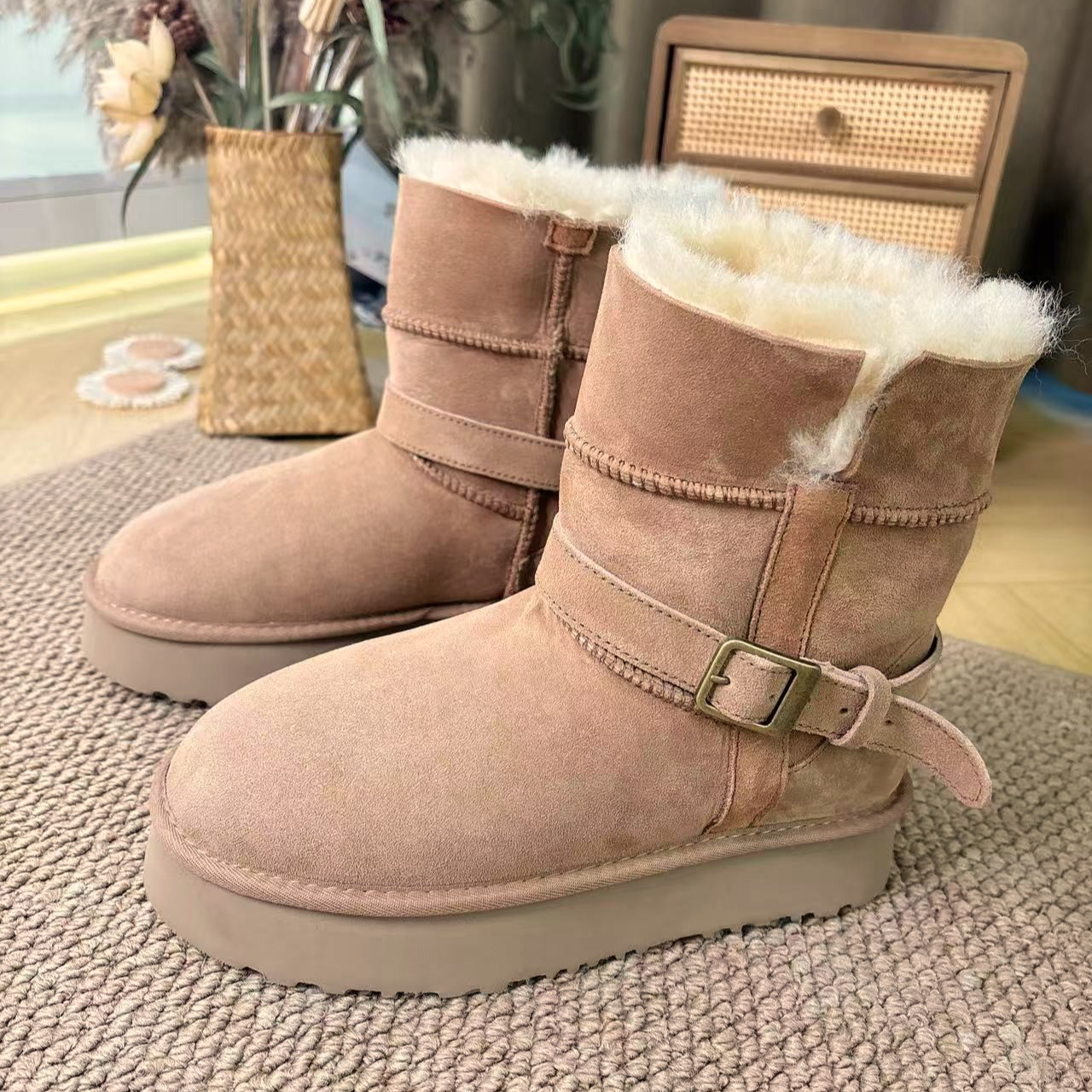 小骑士.【厚底中筒单开口】两穿桑坡羊皮毛一体女加厚保暖雪地靴