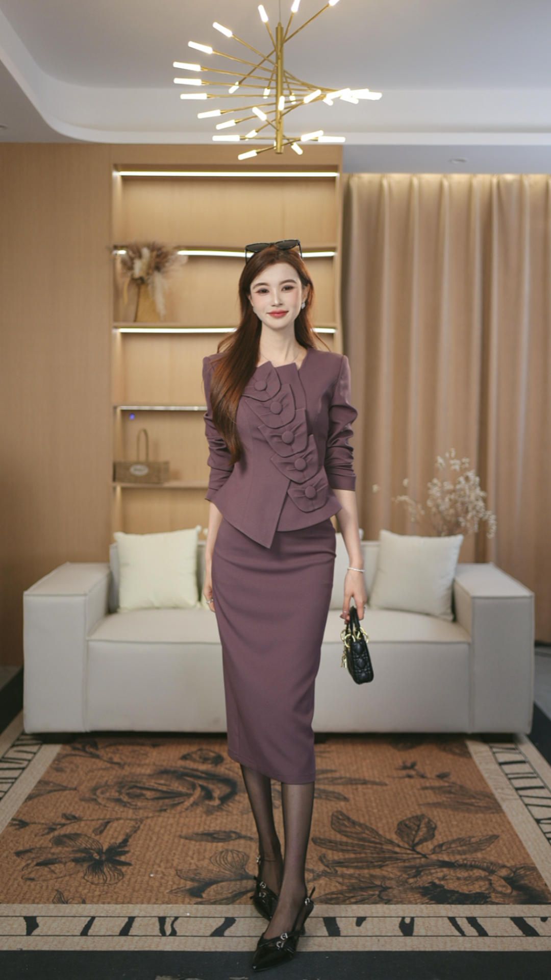 罗曼湾湾 原创高定设计紫色气质时尚收腰小上衣+包臀裙套装两件套