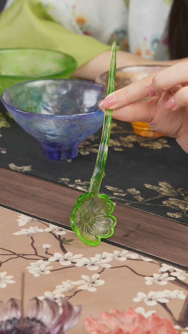 手工艺品琉璃绿色花朵茶匙